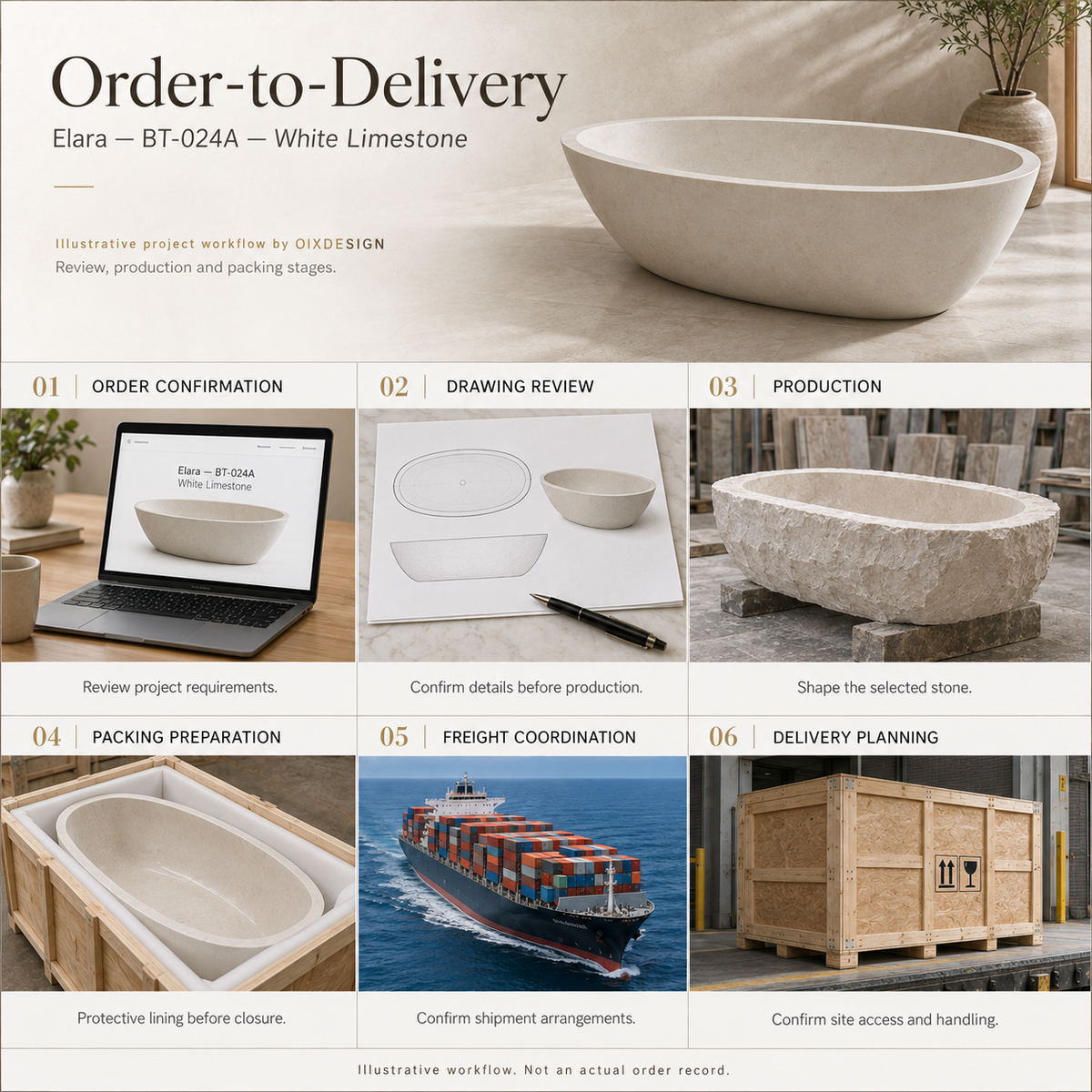 OIXDESIGN Elara BT-024A White Limestone bathtub — order-to-delivery illustrative workflow; packing preparation before closure, closed crate for shipment.