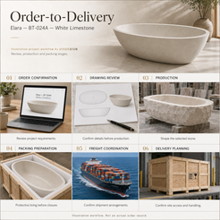 OIXDESIGN Elara BT-024A White Limestone bathtub — order-to-delivery illustrative workflow; packing preparation before closure, closed crate for shipment.