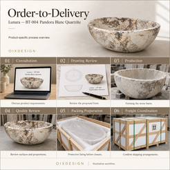 OIXDESIGN Lunara BT 004 Pandora Blanc Quartzite order-to-delivery illustrative workflow; product-specific illustrative scenes
