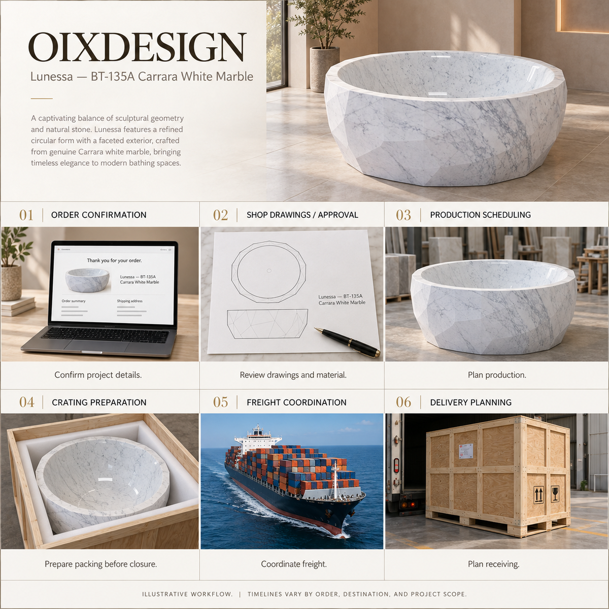 Lunessa BT-135A Carrara White Marble bathtub — order-to-delivery; illustrative workflow.