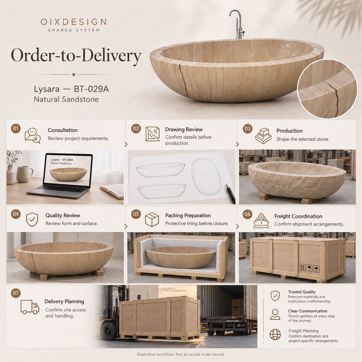 OIXDESIGN Lysara BT-029A Natural Sandstone bathtub — order-to-delivery illustrative workflow; packing preparation before closure, closed crate for shipment.