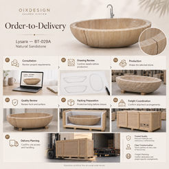 OIXDESIGN Lysara BT-029A Natural Sandstone bathtub — order-to-delivery illustrative workflow; packing preparation before closure, closed crate for shipment.