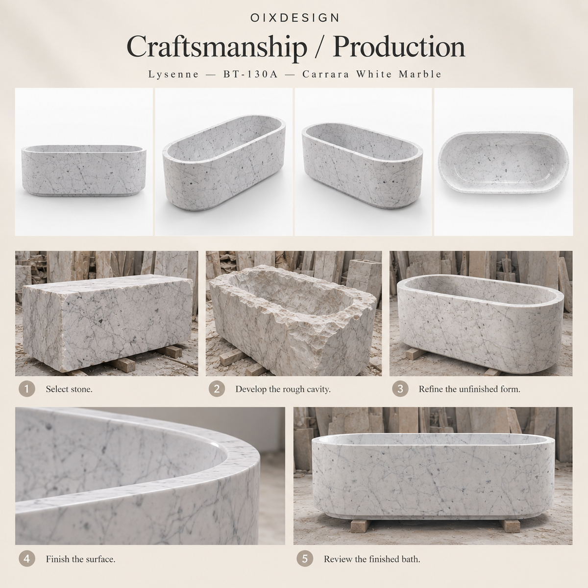 Lysenne BT-130A Carrara White Marble bathtub — craftsmanship and production; process illustration.