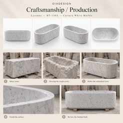 Lysenne BT-130A Carrara White Marble bathtub — craftsmanship and production; process illustration.