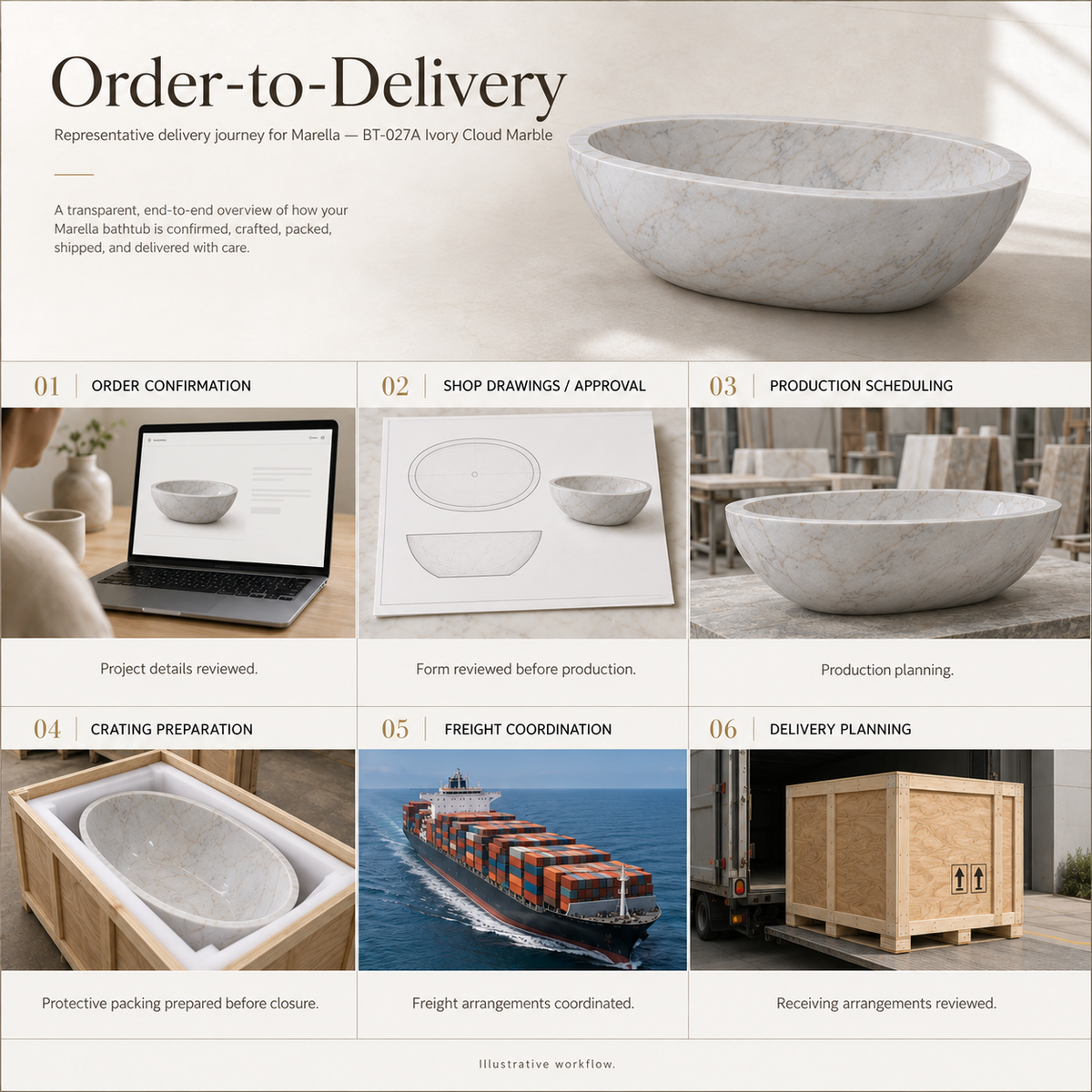 Marella BT-027A Ivory Cloud Marble bathtub — order-to-delivery; illustrative workflow.