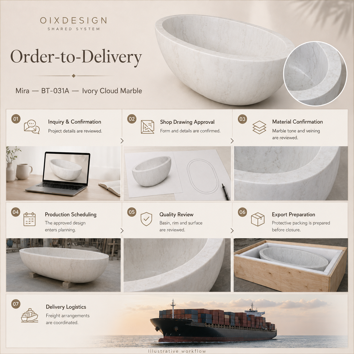 Mira BT-031A Ivory Cloud Marble bathtub — order-to-delivery; illustrative workflow.