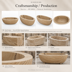 OIXDESIGN Navira BT-040A Natural Sandstone bathtub — craftsmanship process illustration; not an actual order photograph.