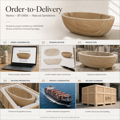 OIXDESIGN Navira BT-040A Natural Sandstone bathtub — order-to-delivery illustrative workflow; packing preparation before closure, closed crate for shipment.