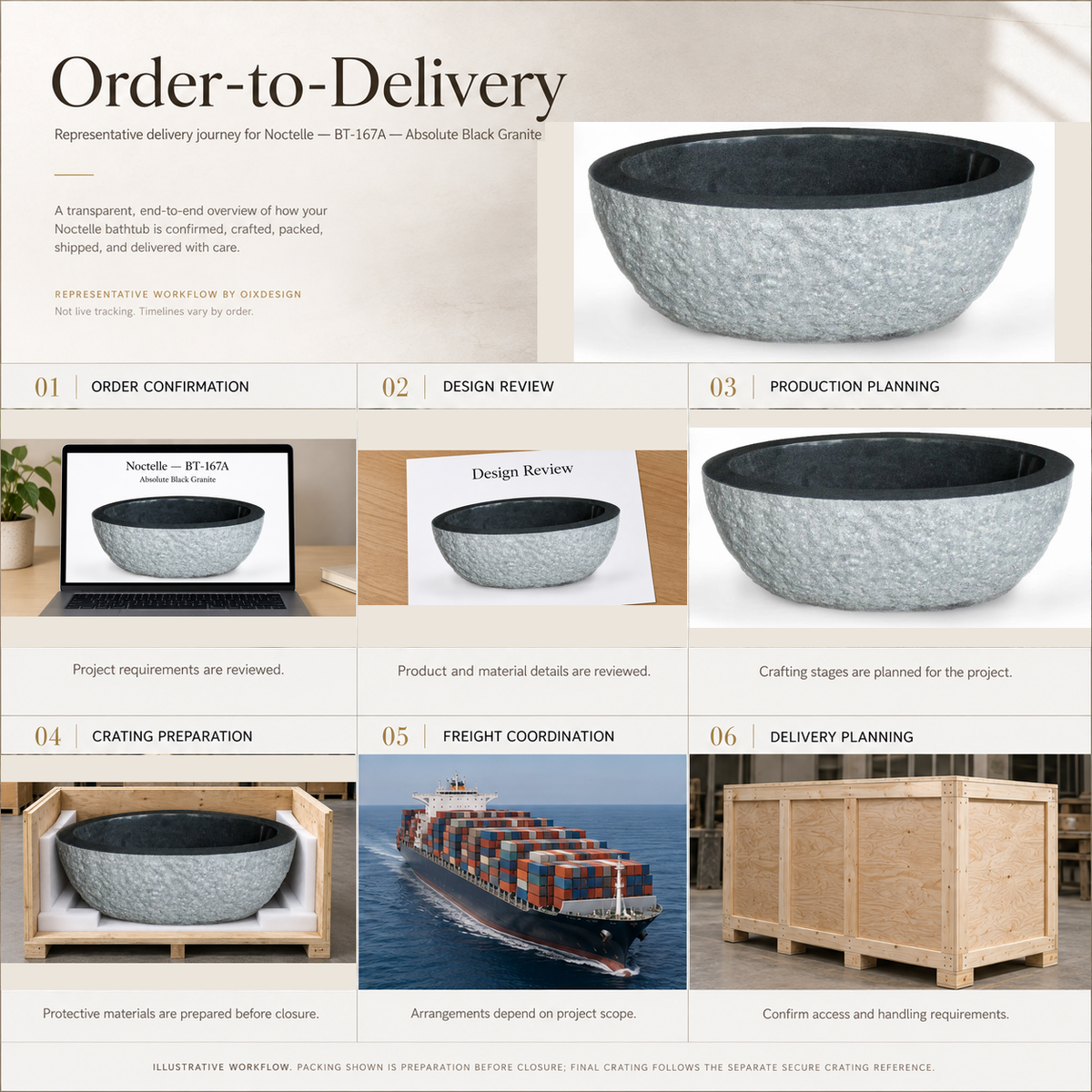 Noctelle BT-167A Absolute Black Granite — Order-to-Delivery illustrative workflow — OIXDESIGN