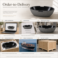 Noctira BT-061A Absolute Black Granite bathtub — order-to-delivery illustrative workflow; crating preparation before closure.