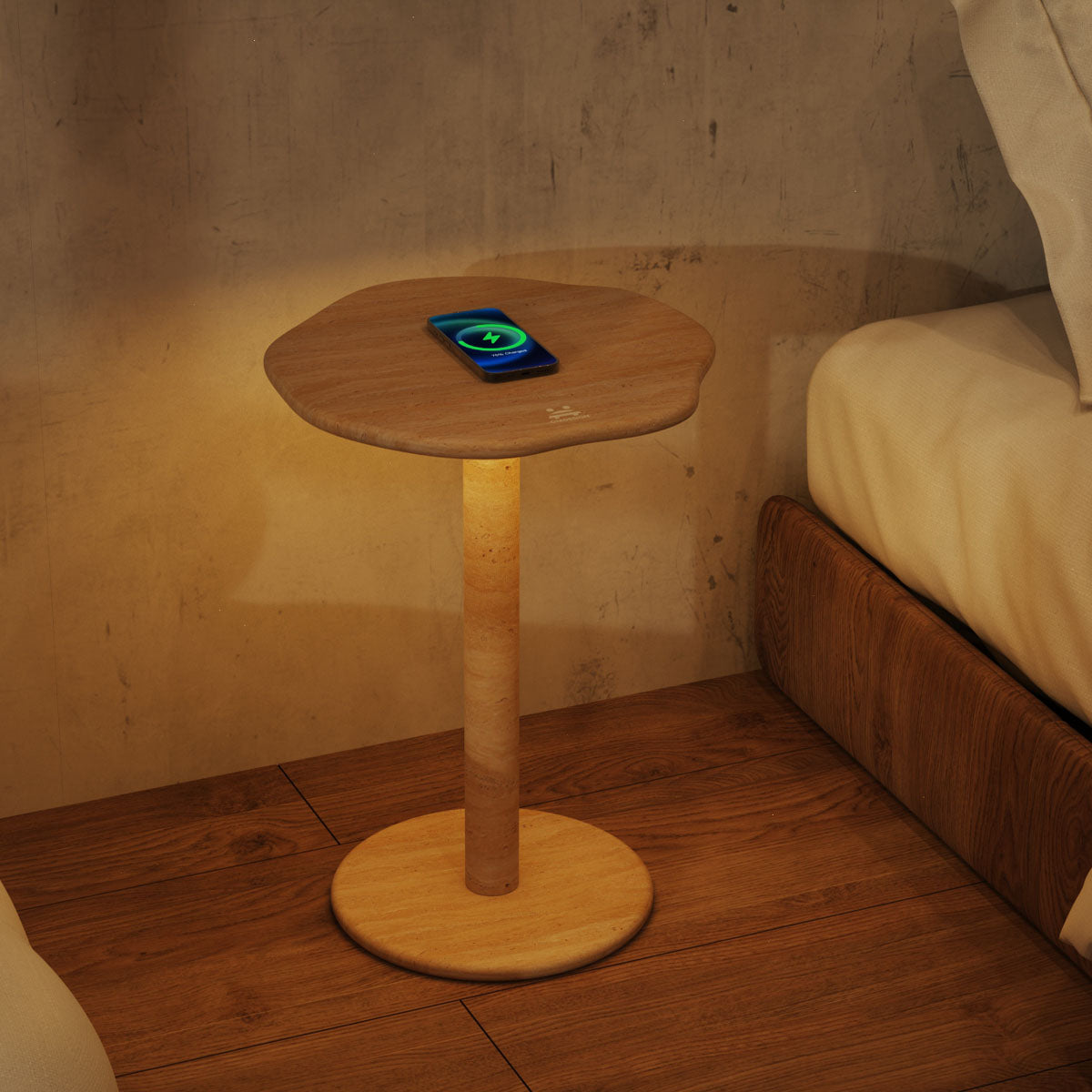 SunAura Travertine Bed Side Table with Night Light