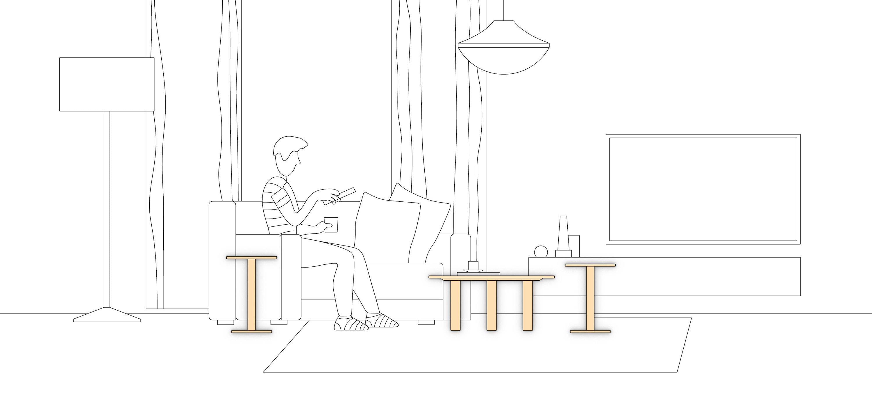 OIXDESIGN stone table assembly guide illustration showing modular side tables and coffee tables in a modern living room setting.