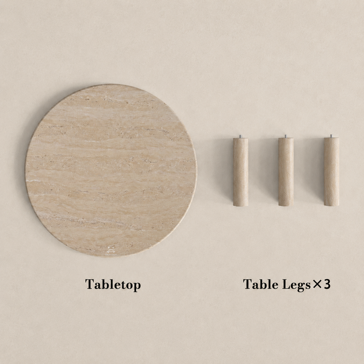 OIXDESIGN coffee table assembly guide showing a round stone tabletop and table legs for modular marble or travertine coffee tables.