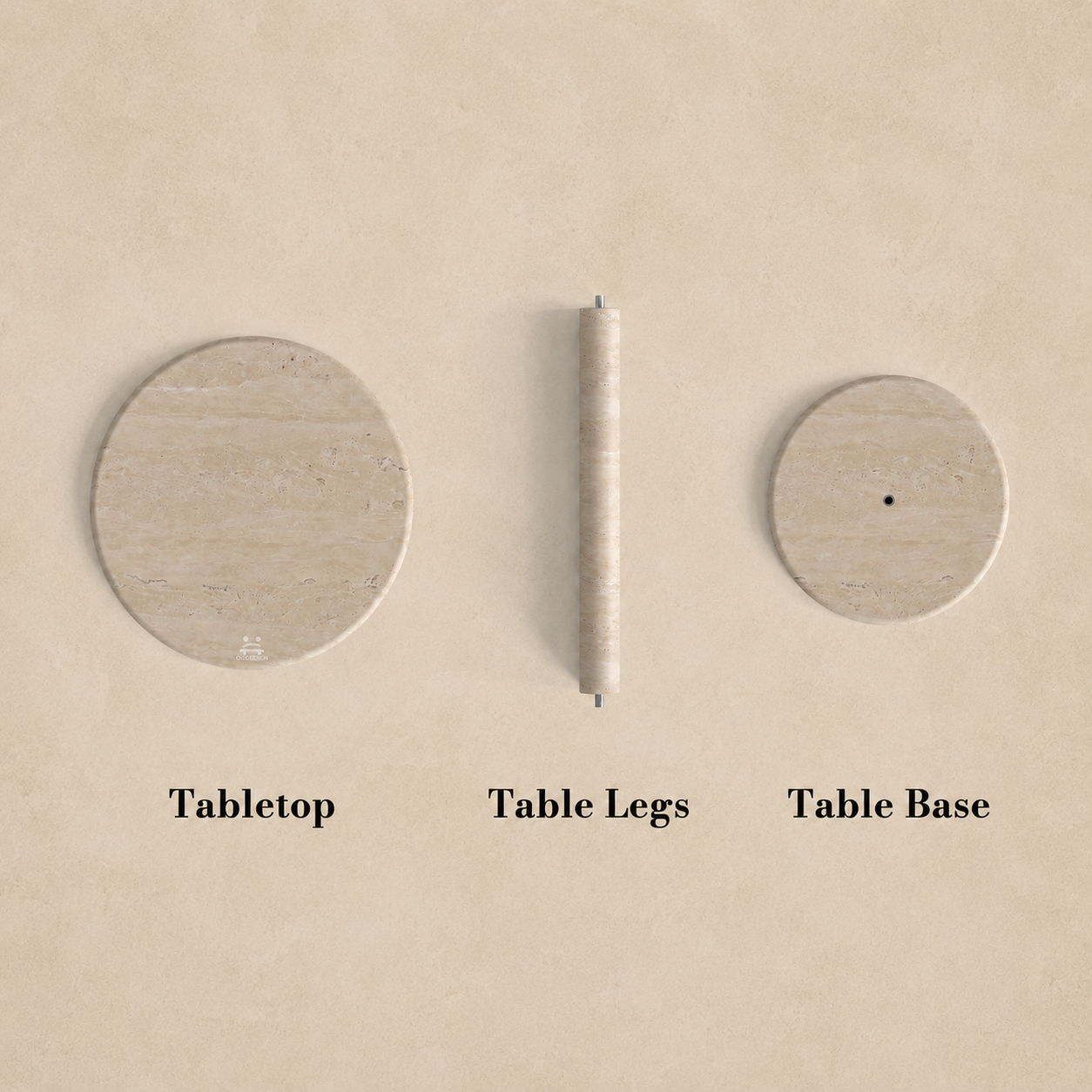 OIXDESIGN side table assembly guide showing tabletop, table leg, and base parts for a modular natural stone side table.