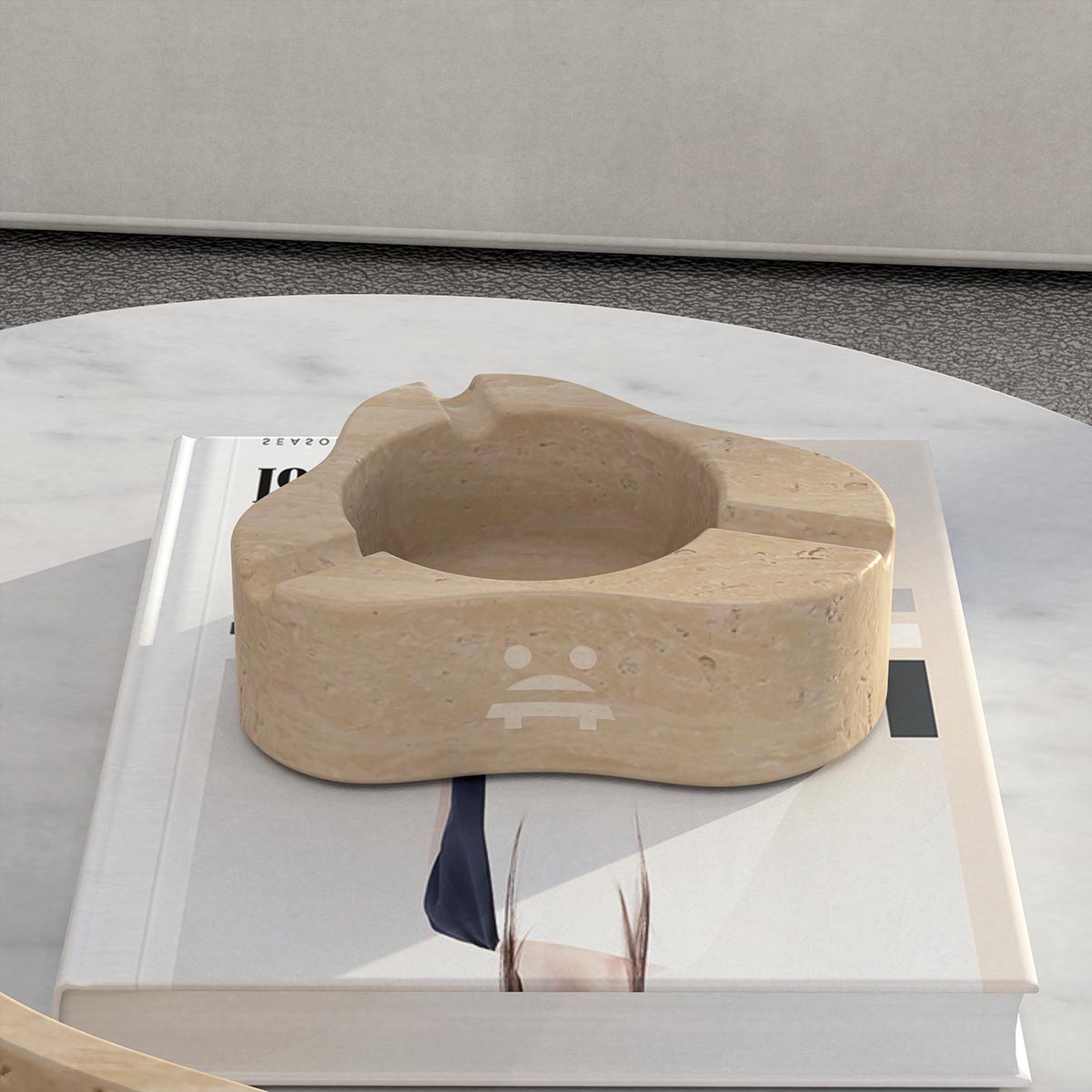 OIXDESIGN CloudDream Ashtray, Italian Classico Travertine, Micro Scene Graph, Front View