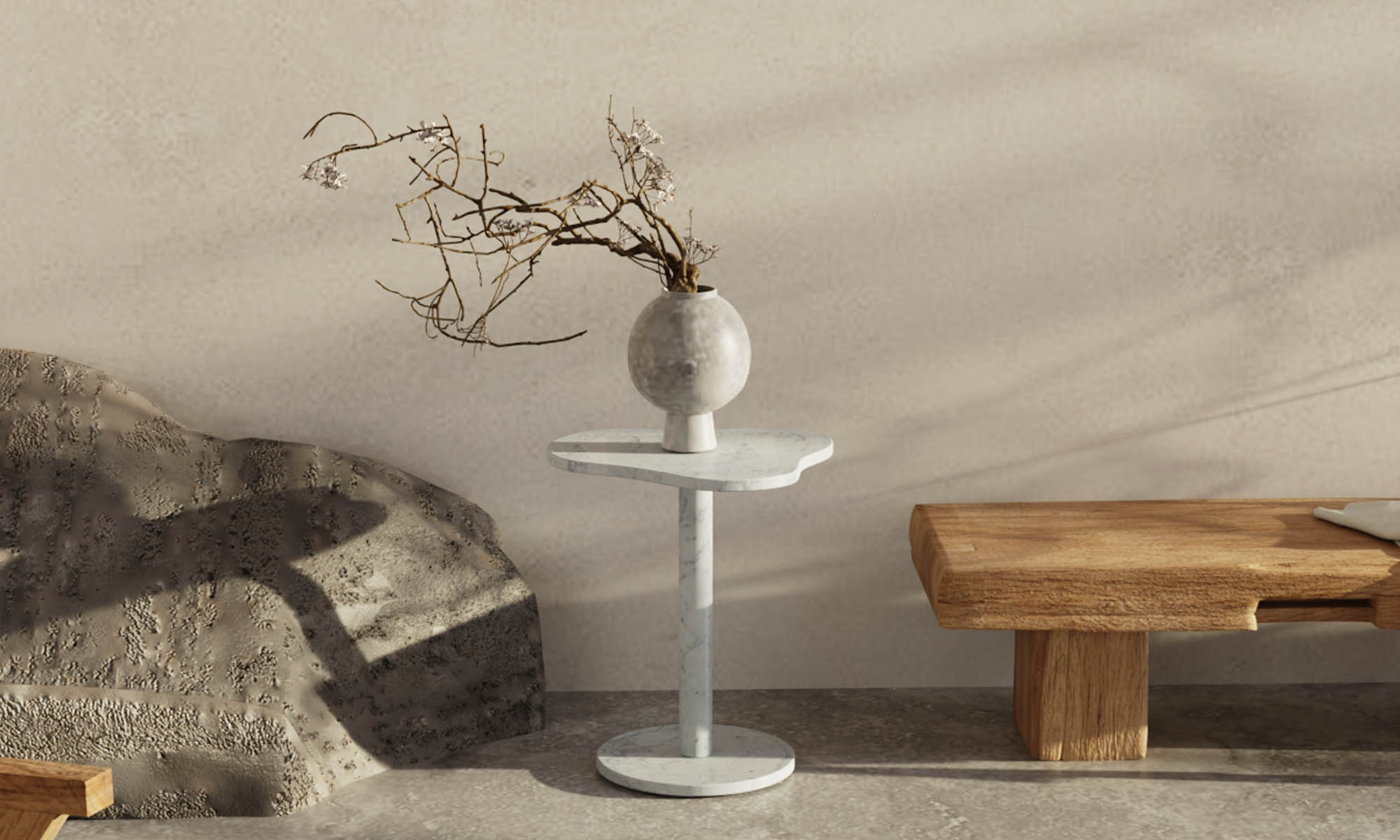 OIXDESIGN CloudDream Side Table, Italian Carrara Marble, Macro Scene Graph, Front View, For Banner