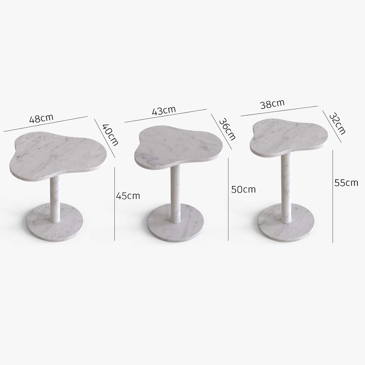 OIXDESIGN, CloudDream Side Tables, Italian Carrara Marble, Dimension Diagram