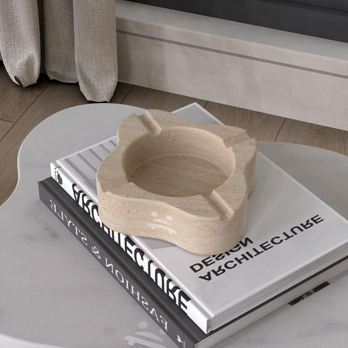 OIXDESIGN LakeMist Ashtray, Italian Classico Travertine, Left Side View