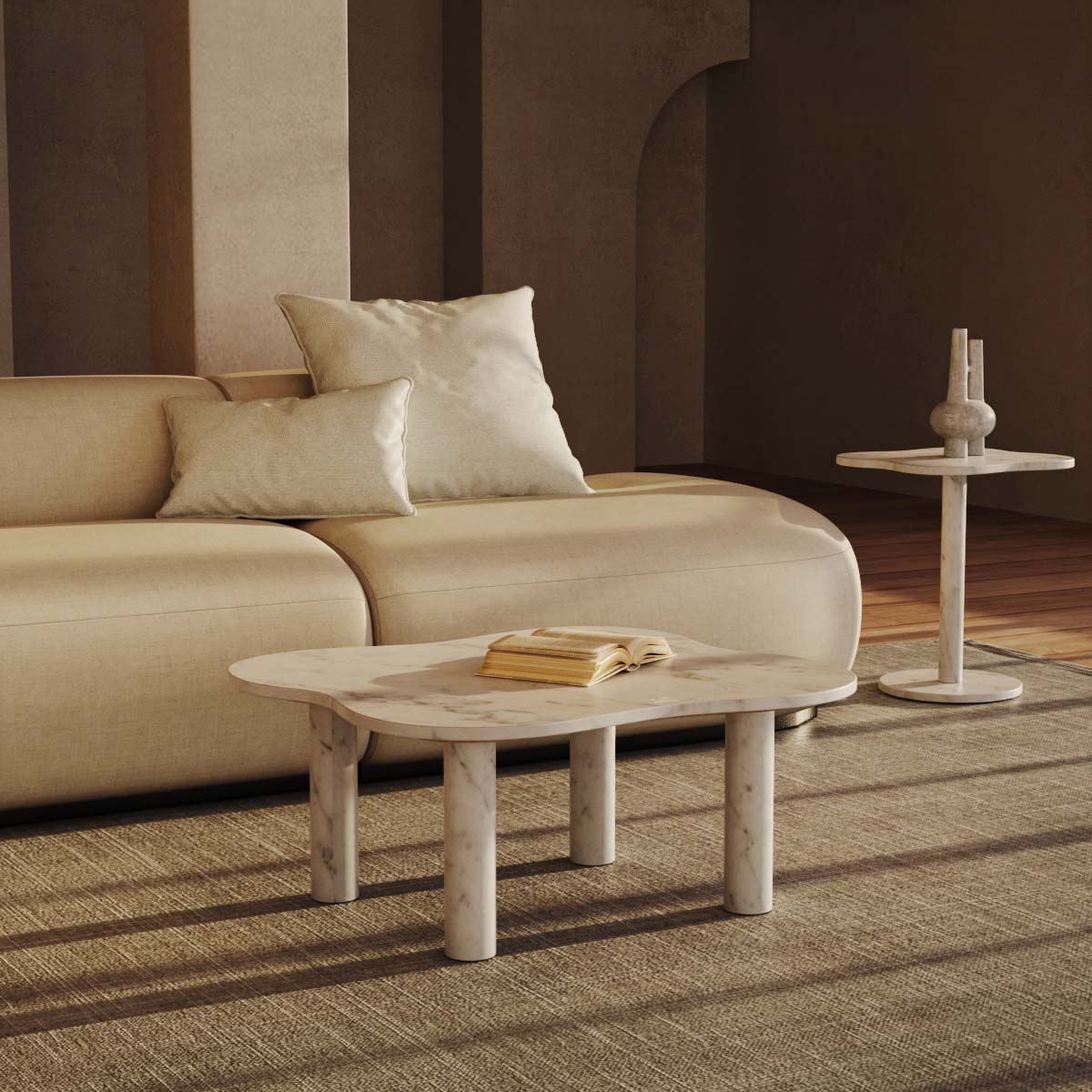 LakeMist Rectangle White Marble Coffee Table Sofa Side