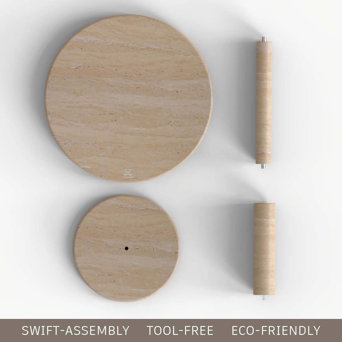 Modular natural stone dining table components arranged on a soft rug in a warm minimalist interior, illustrating OIXDESIGN dining table assembly.