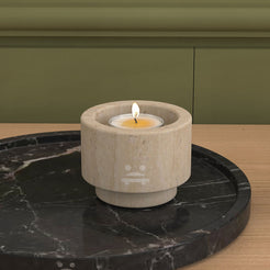 OIXDESIGN RoundHaven Candle Holder, Short, Italian Classico Travertine, Front View