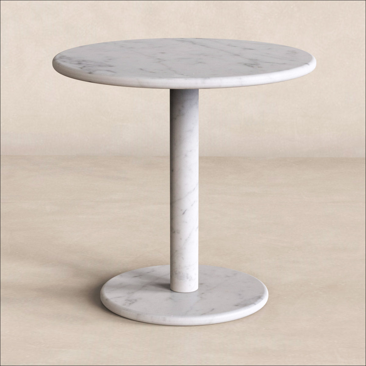 OIXDESIGN RoundHaven Short Side Table, Italian Carrara Marble, Micro Scene Graph, Front View