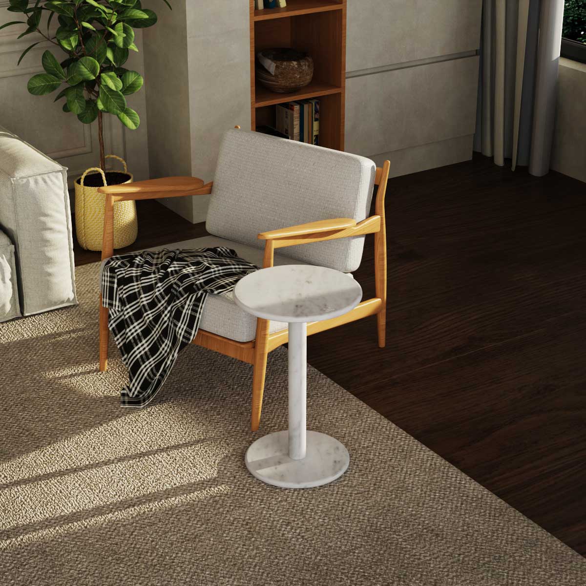 RoundHaven White Marble Round Sofa Side Table