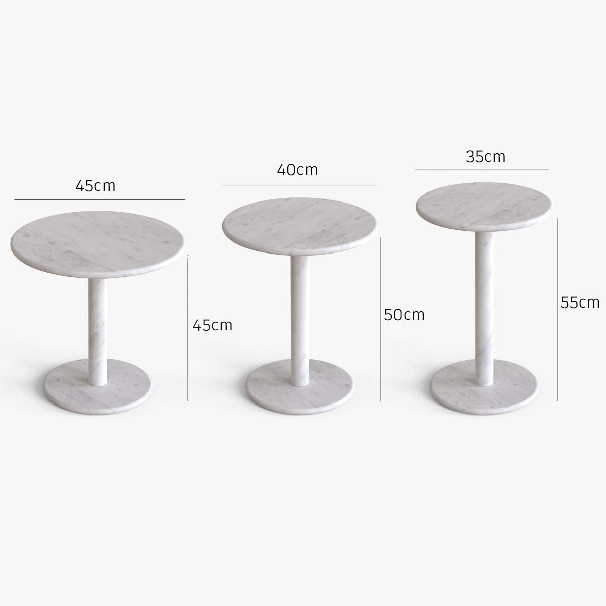 OIXDESIGN, RoundHaven Side Tables, Italian Carrara Marble, Dimension Diagram