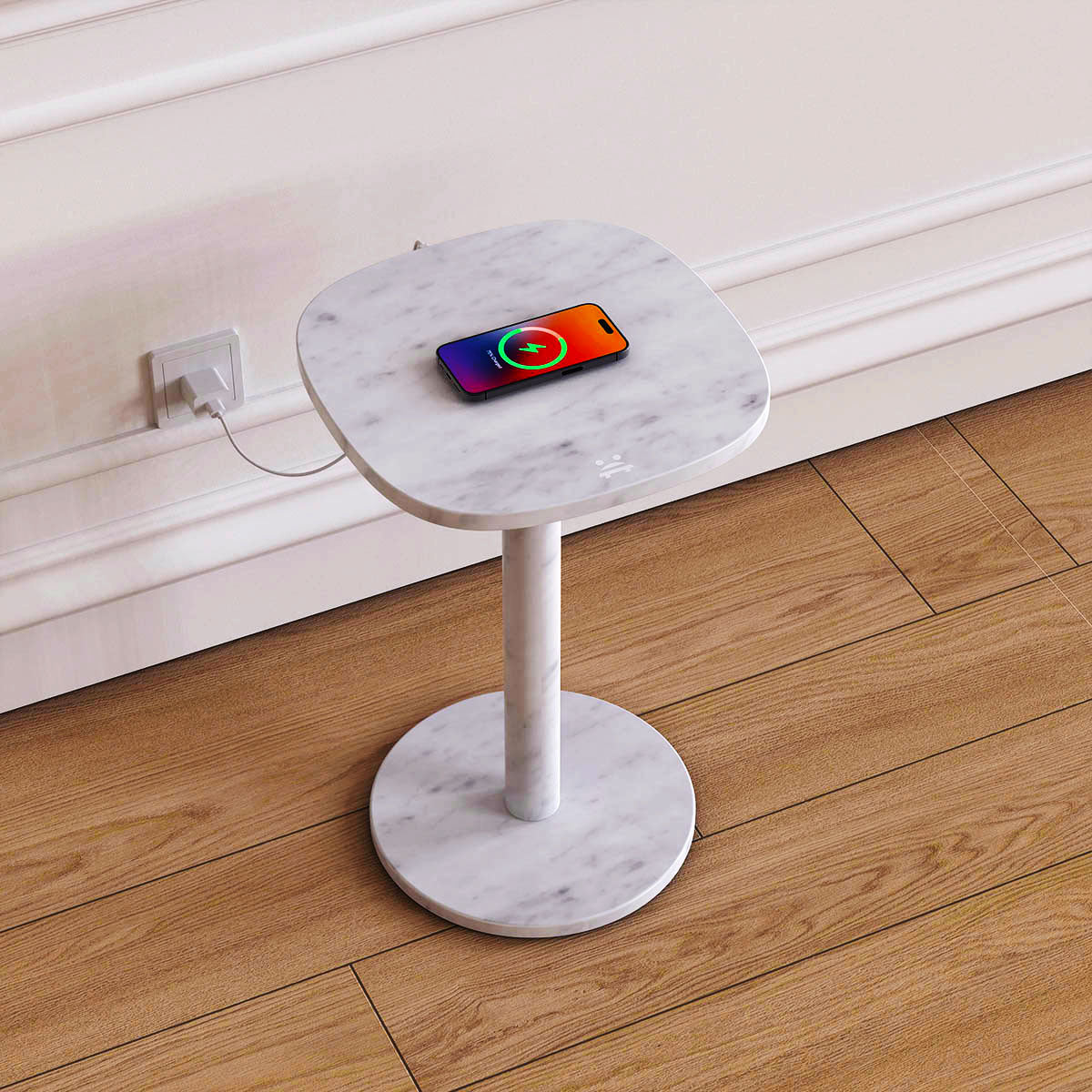 OIXDESIGN SquareSoft Tall Side Table, Italian Carrara Marble, Micro Scene Graph, Right Side View, Wireless Charging
