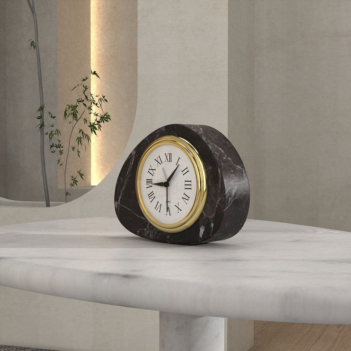 OIXDESIGN SwanEgg Clock, Spanish Emperador Marble, Left Side View