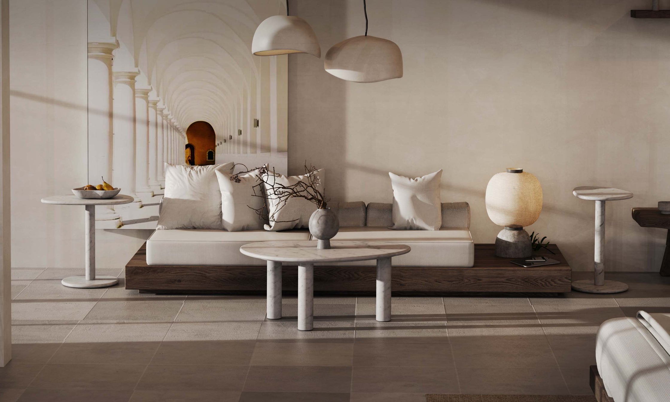 OIXDESIGN SwanEgg Coffee Table Set, Italian Carrara Marble, Big Macro Scene Graph, Front View, For Banner