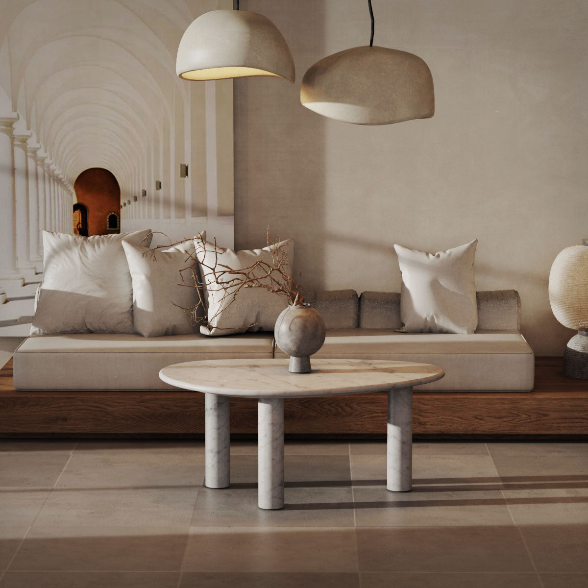 OIXDESIGN SwanEgg Coffee Table, Italian Carrara Marble, Big Macro Scene Graph, Front View