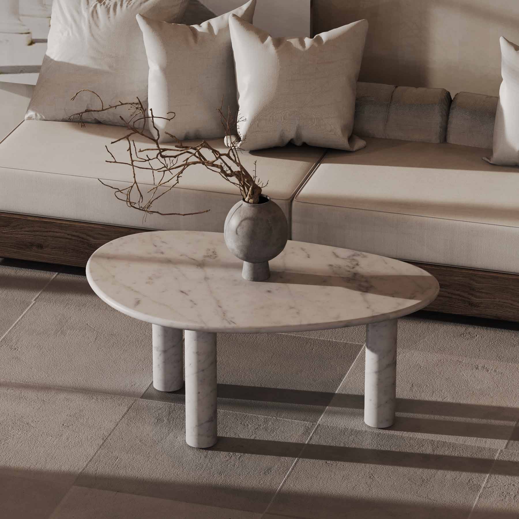 OIXDESIGN SwanEgg Coffee Table, Italian Carrara Marble, Macro Scene Graph, Top Right Side View