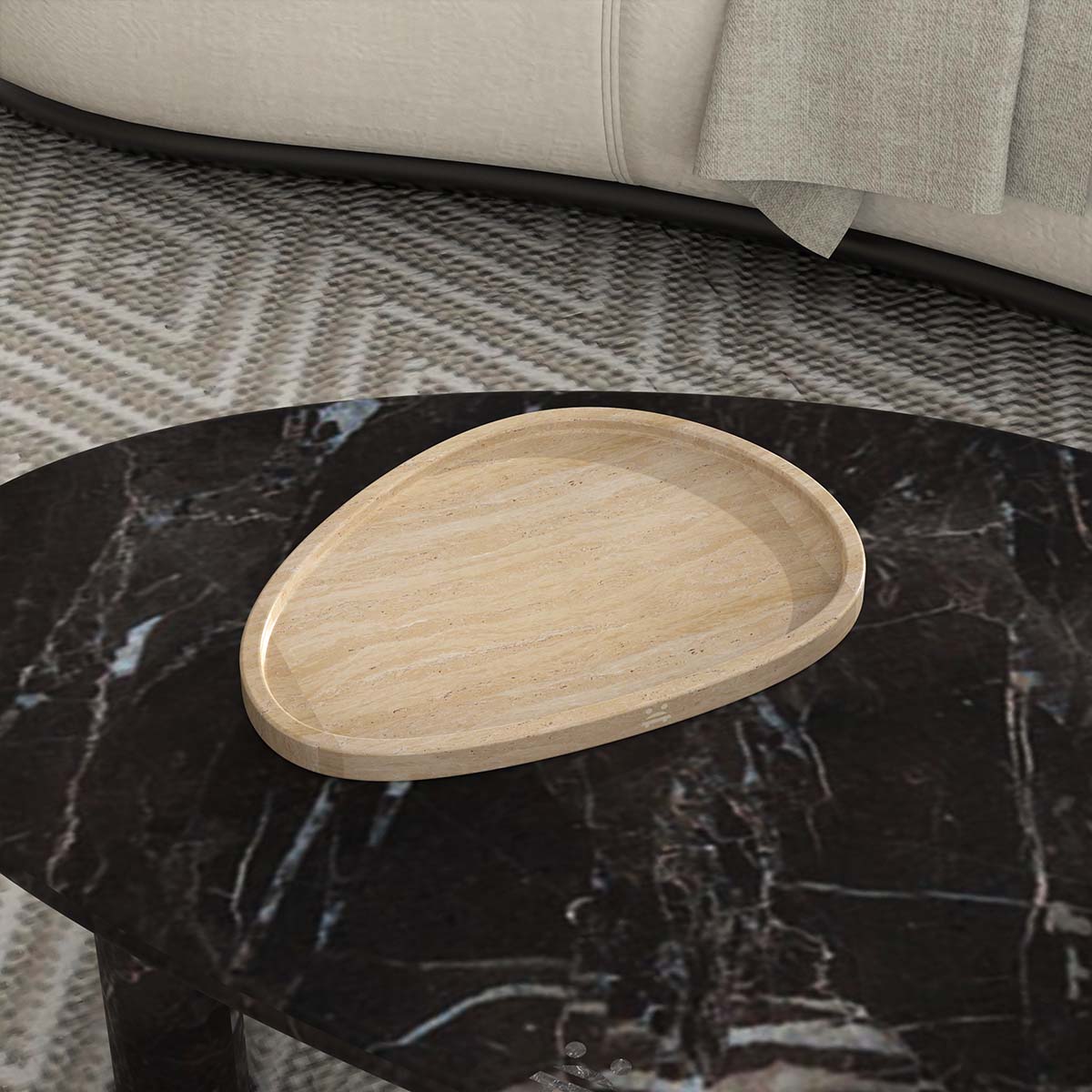 OIXDESIGN SwanEgg Decorative Tray, Italian Classico Travertine, Right Side View