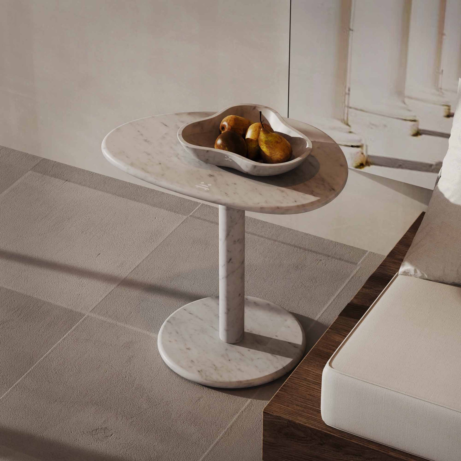 OIXDESIGN SwanEgg Medium Side Table, Italian Carrara Marble, Macro Scene Graph, Top Right Side View