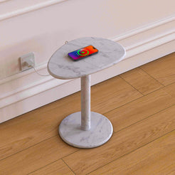 OIXDESIGN SwanEgg Medium Side Table, Italian Carrara Marble, Micro Scene Graph, Right Side View, Wireless Charging