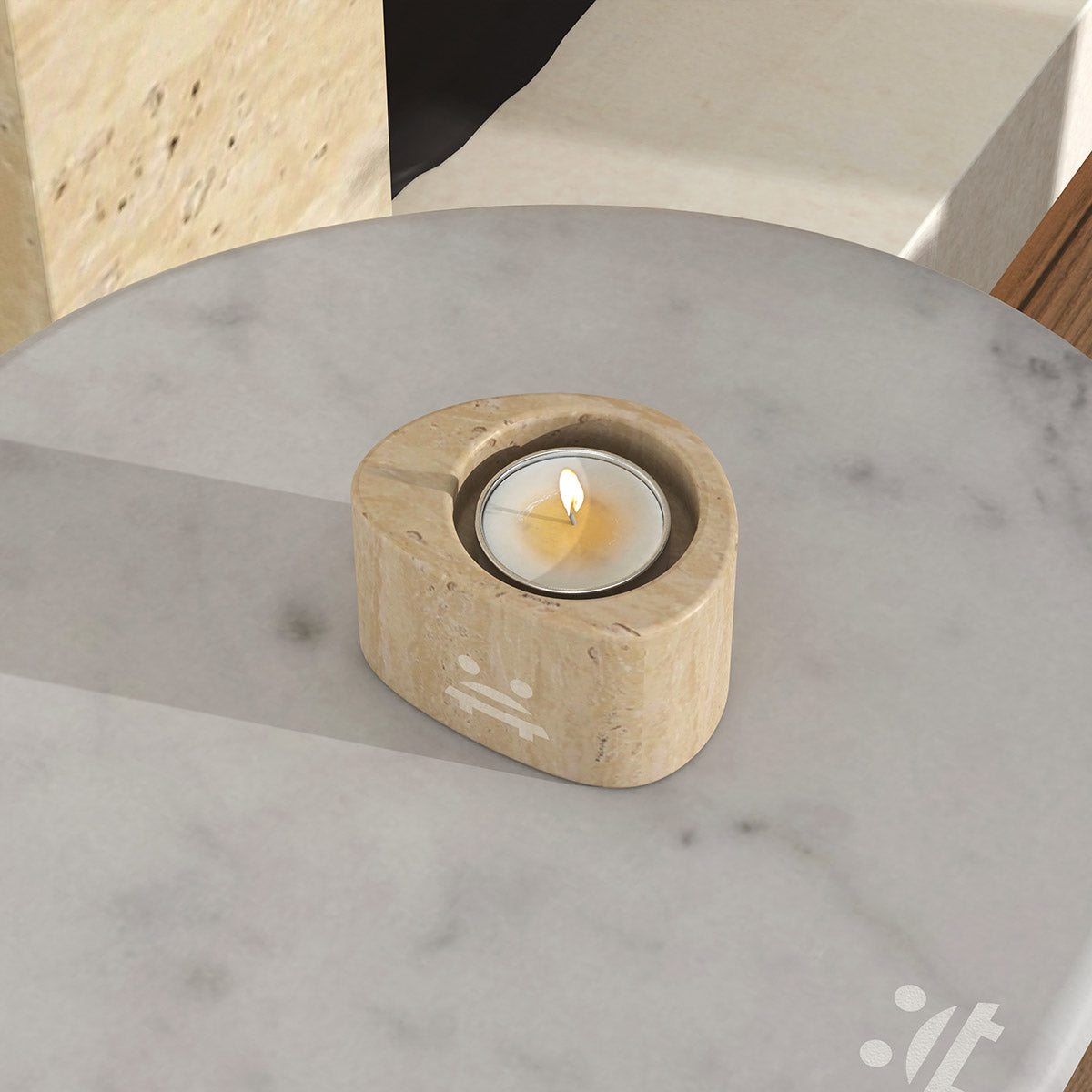 OIXDESIGN SwanEgg Candle Holder, Short, Italian Classico Travertine, Top View