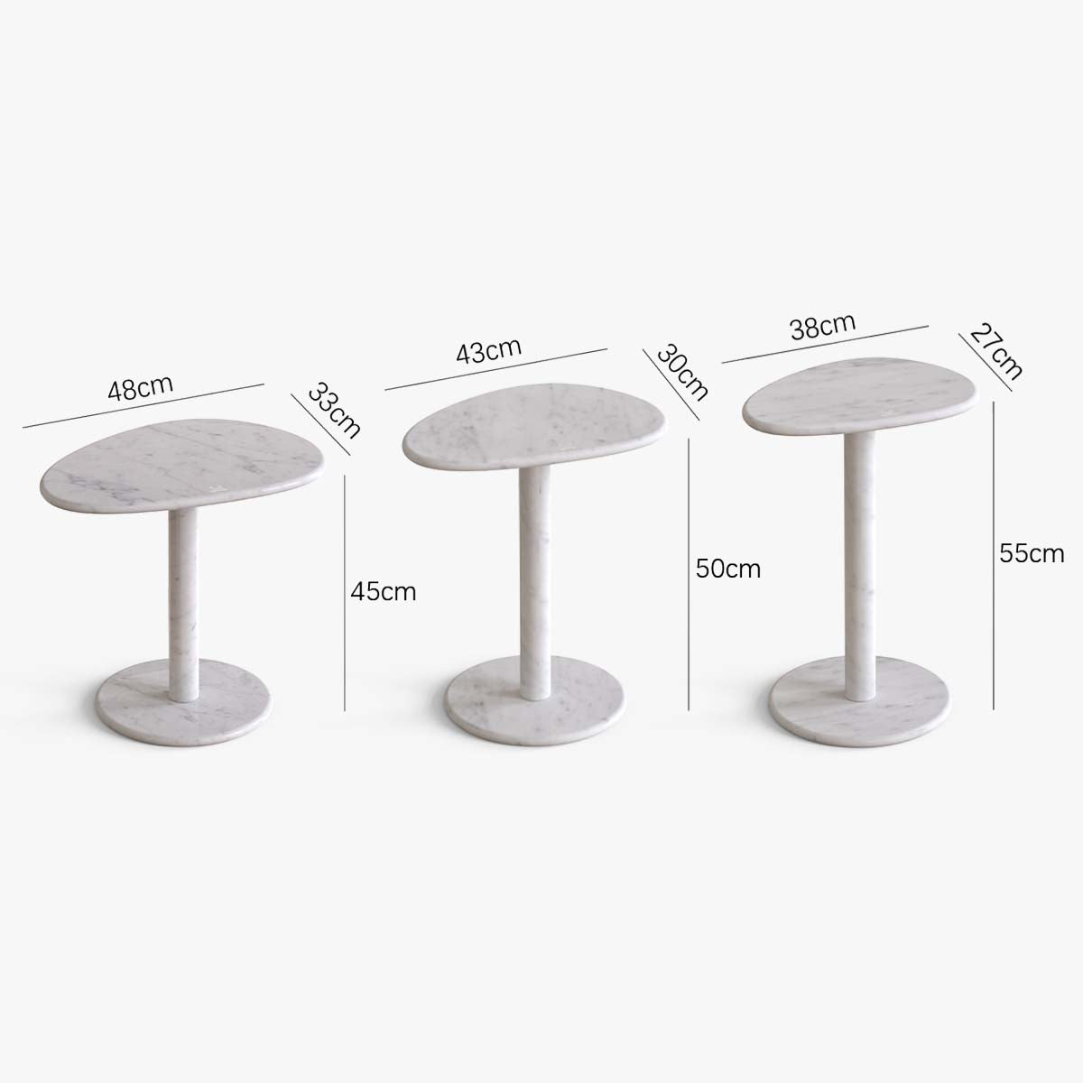 OIXDESIGN, SwanEgg Side Tables, Italian Carrara Marble, Dimension Diagram