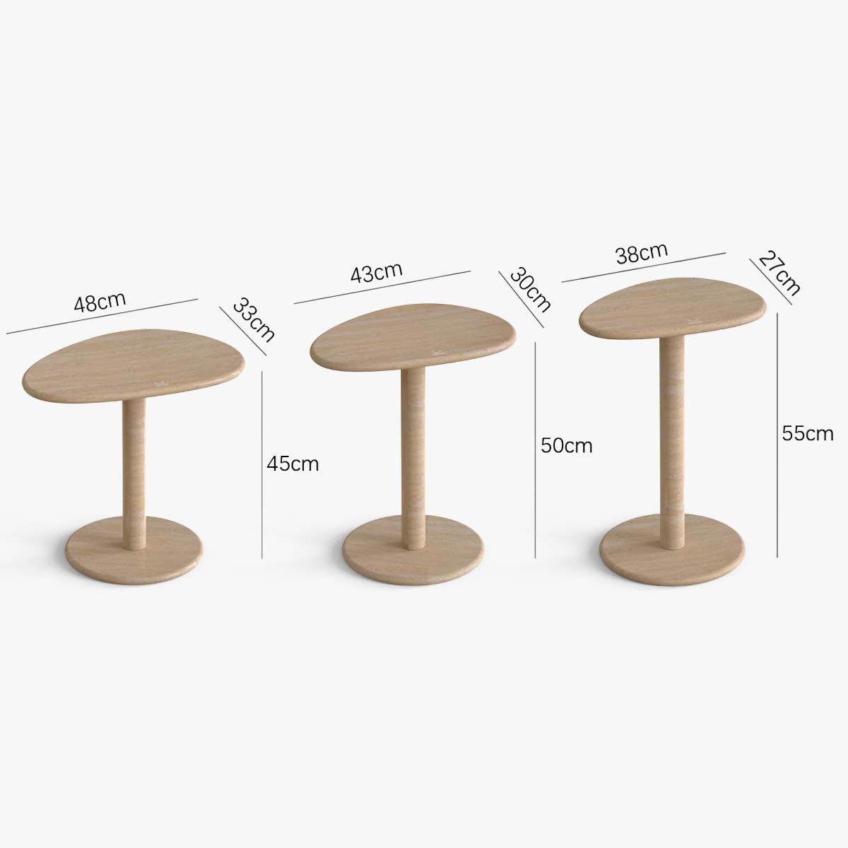 OIXDESIGN, SwanEgg Side Tables, Italian Classico Travertine, Dimension Diagram