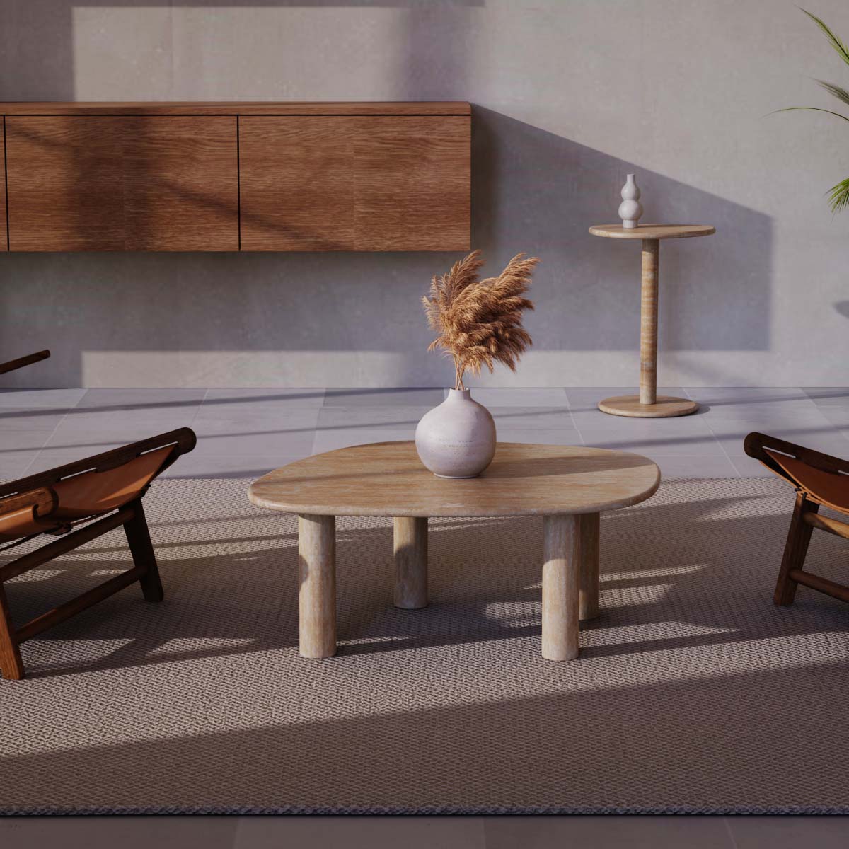 OIXDESIGN ZenPebble Coffee Table Set, Italian Classico Travertine, Macro Scene Graph, Front View