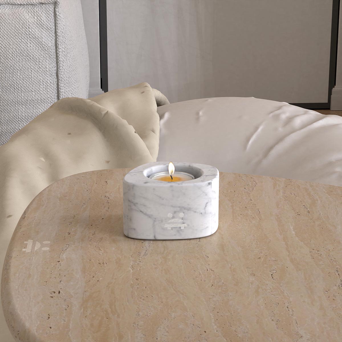 OIXDESIGN ZenPebble Candle Holder, Short, Italian Carrara Marble, Front View