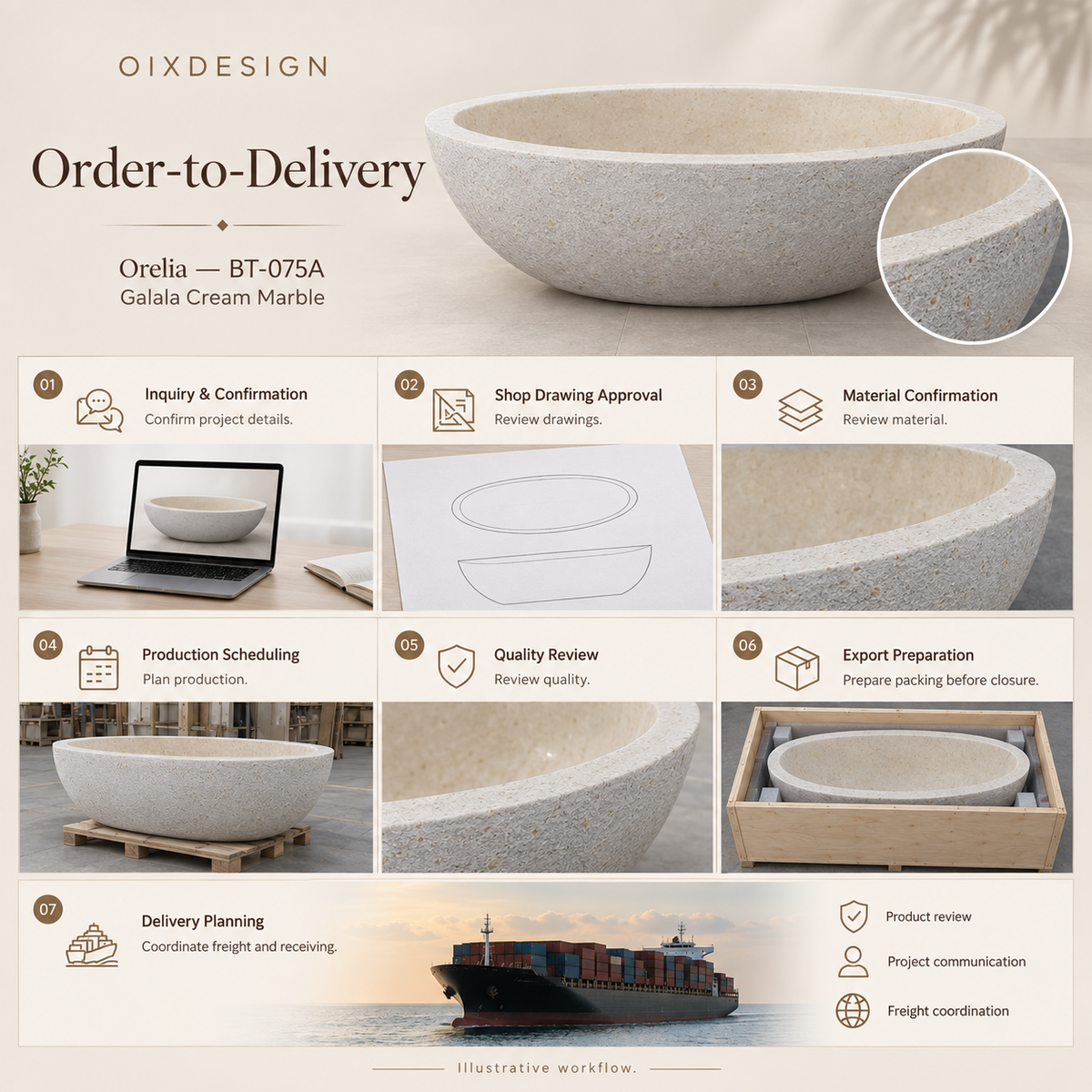 Orelia BT-075A Galala Cream Marble bathtub — order-to-delivery; illustrative workflow.