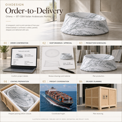 Orlena BT-138A Italian Arabescato Marble bathtub — order-to-delivery; illustrative workflow.