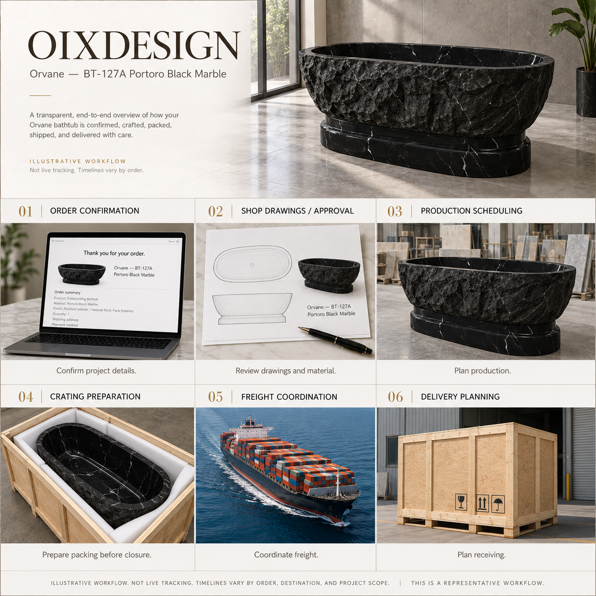 Orvane BT-127A Portoro Black Marble bathtub — order-to-delivery; illustrative workflow.
