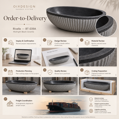 Rivelle BT-039A Midnight Black Granite bathtub — order-to-delivery illustrative workflow; crating preparation before closure.