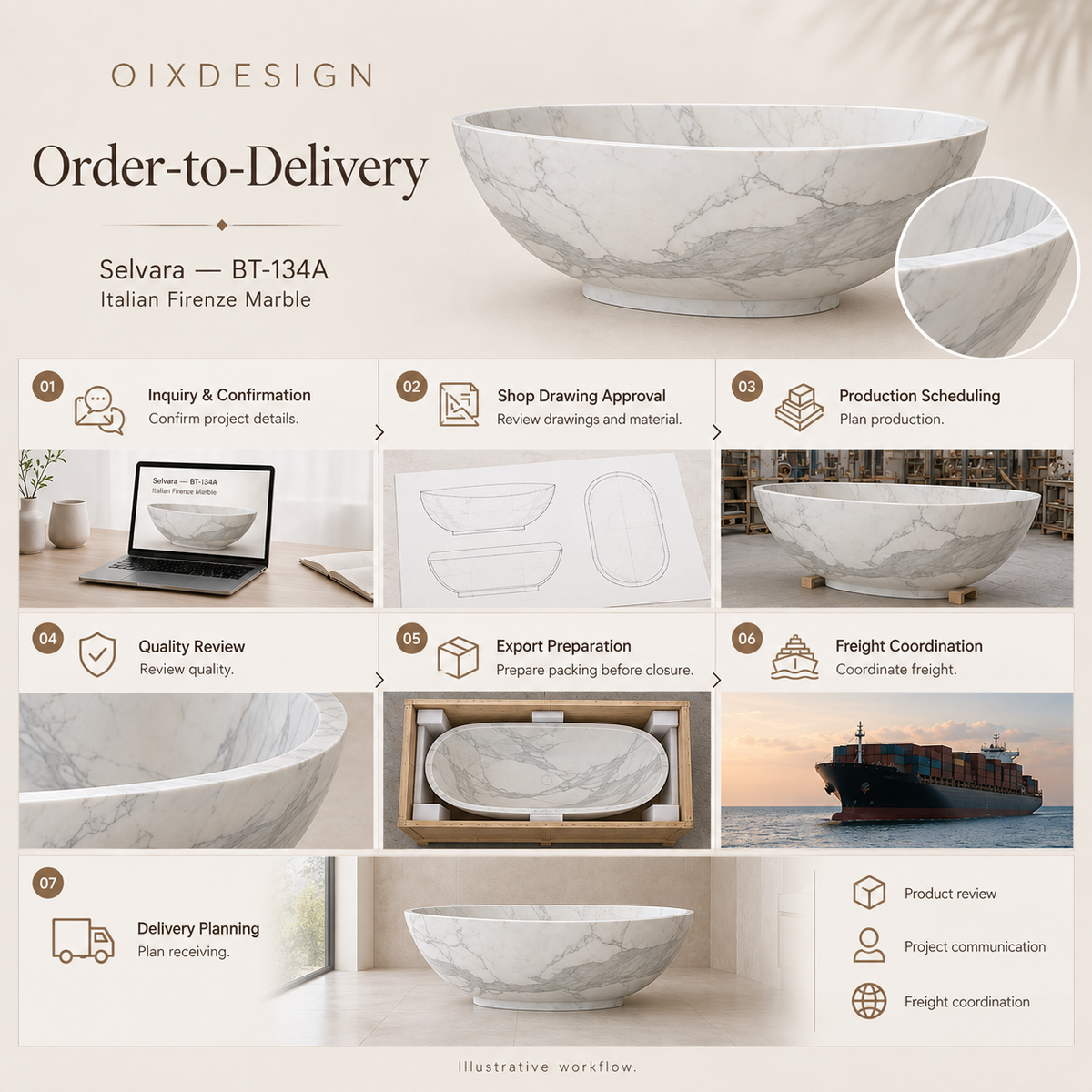 Selvara BT-134A Italian Firenze Marble bathtub — order-to-delivery; illustrative workflow.