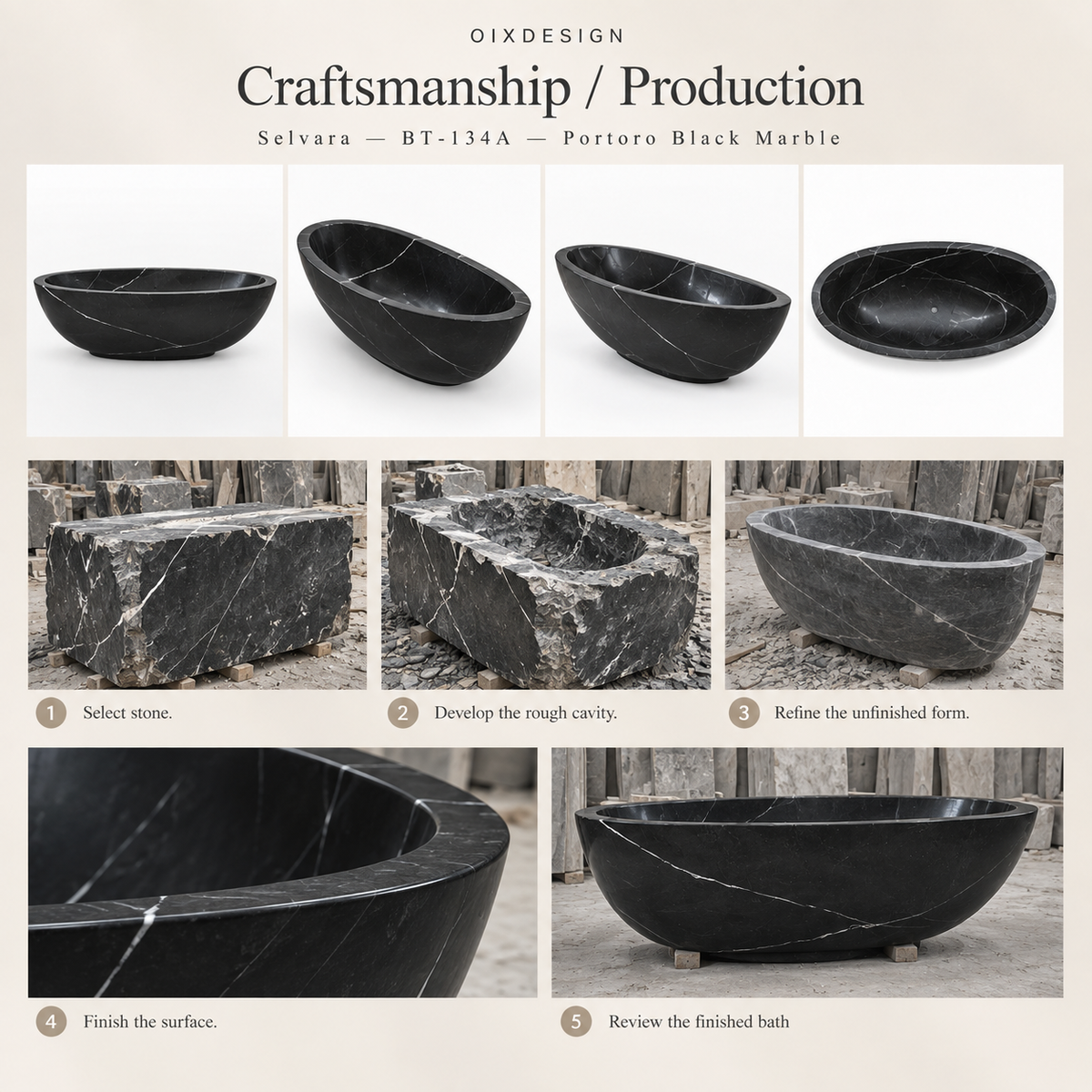 Selvara BT-134A Portoro Black Marble bathtub — craftsmanship and production; process illustration.