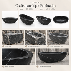 Selvara BT-134A Portoro Black Marble bathtub — craftsmanship and production; process illustration.