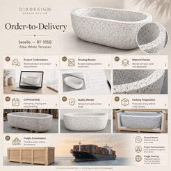 OIXDESIGN Serelle BT-105B Alba White Terrazzo bathtub — order-to-delivery illustrative workflow; packing preparation before closure, closed crate for shipment.