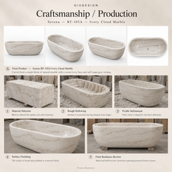 Serena BT-105A Ivory Cloud Marble bathtub — craftsmanship and production; process illustration.